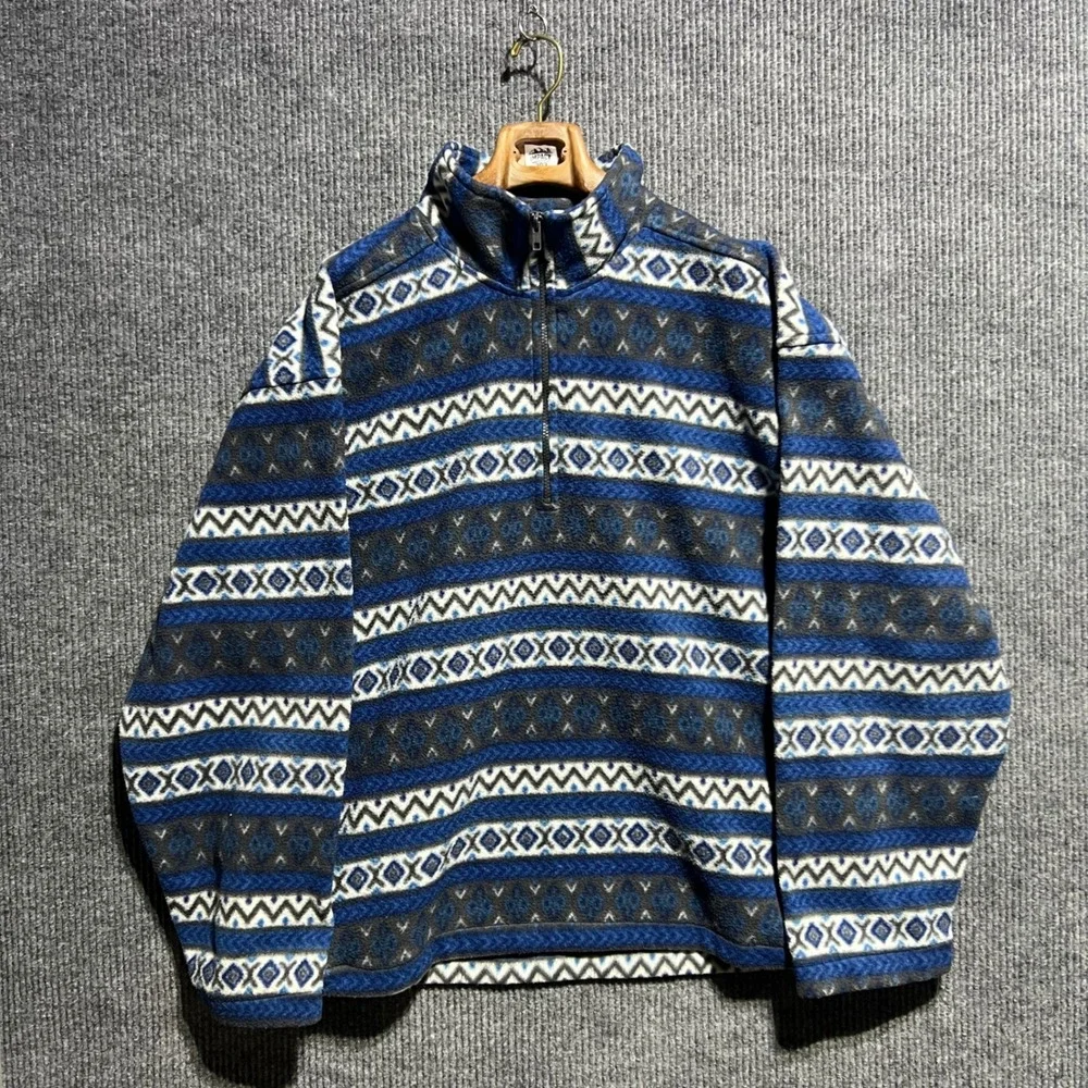 Vintage Bike Fleece Pullover Mens XL Blue Aztec Geometric Quarter Zip Sweater
